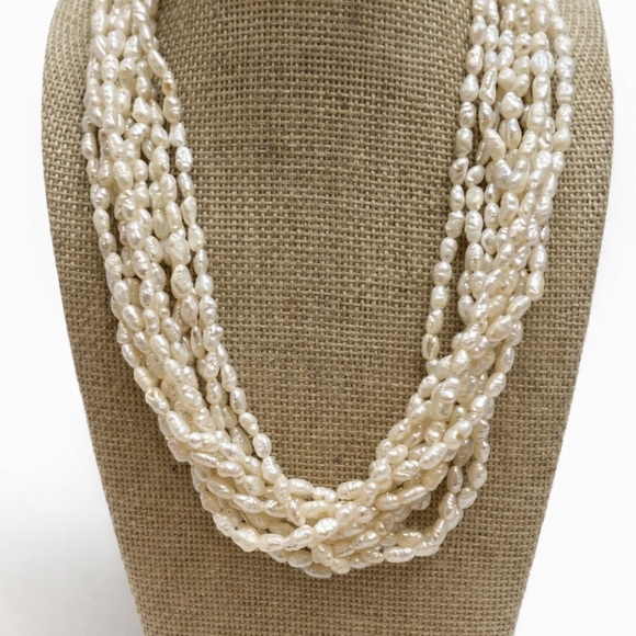 None Jewelry - 14K Gold Clasp Multi Strand Freshwater Pearl Necklace Vintage Statement